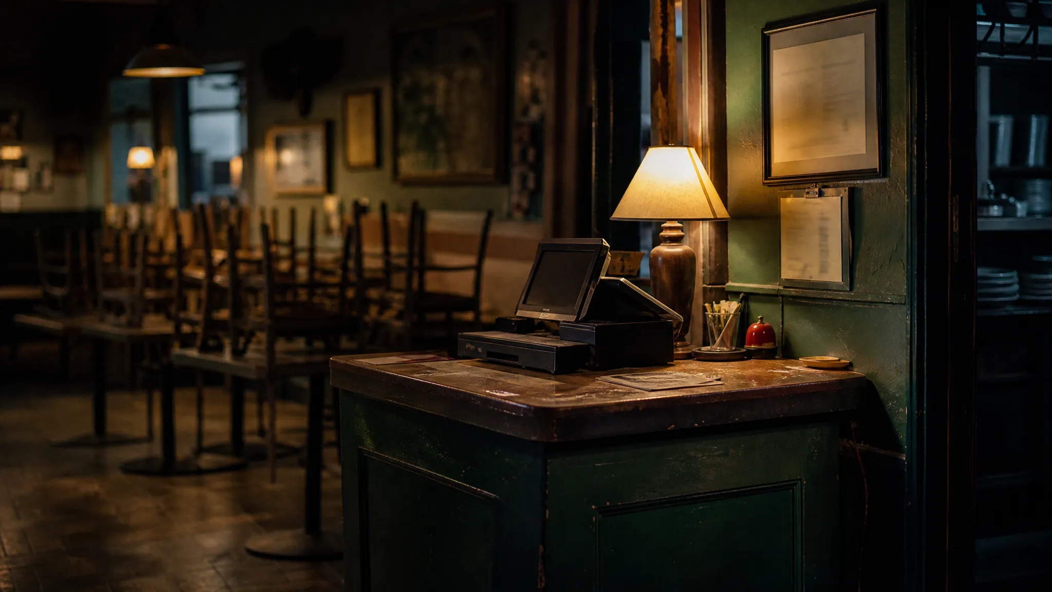 A restaurant counter at closing time, permit posted by the register