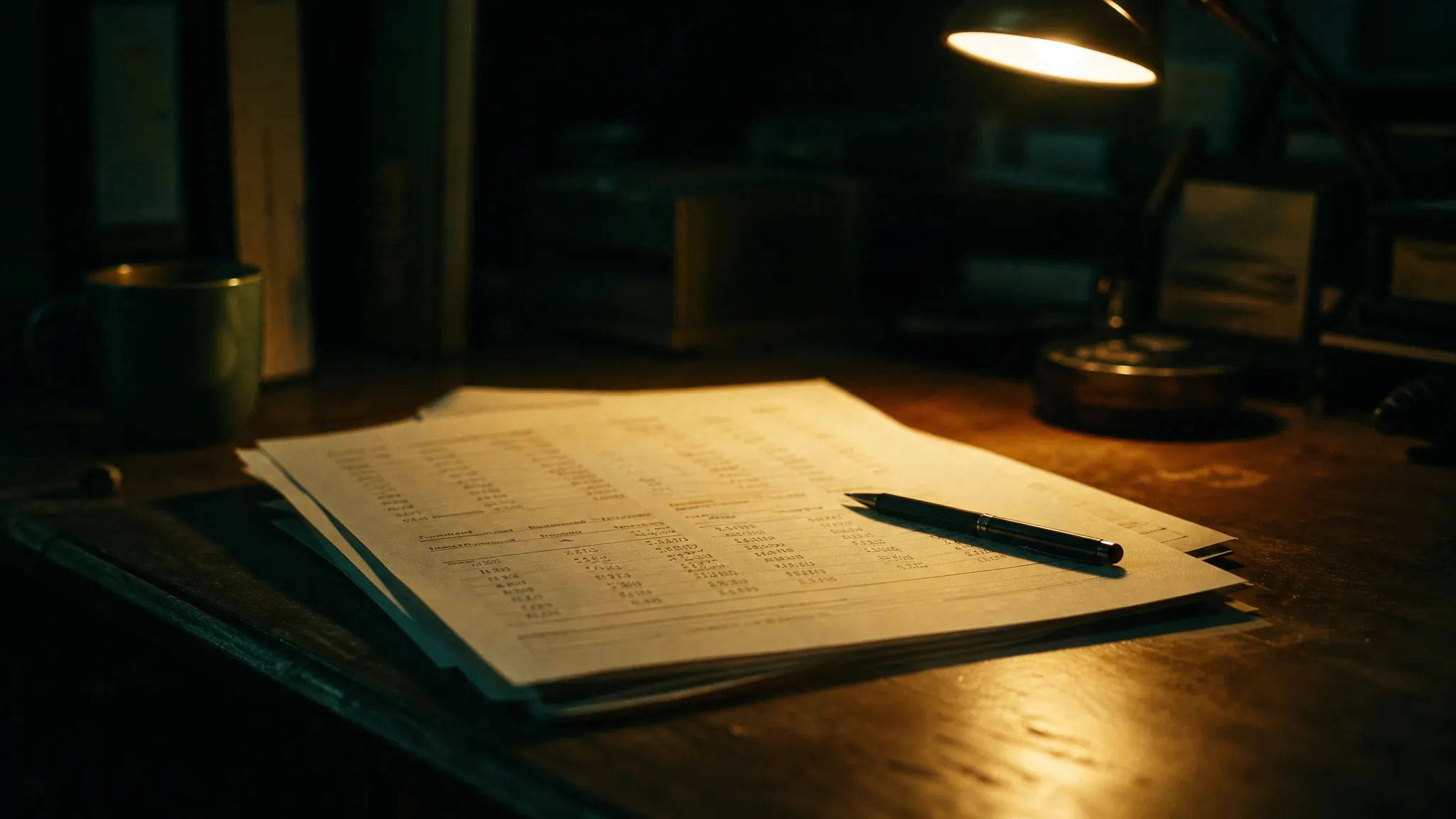 A printed financial statement and pen on a desk under a lamp