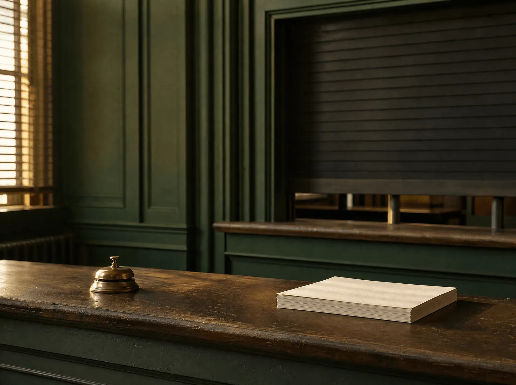 A municipal service counter at closing time, a bell and a stack of blank forms
