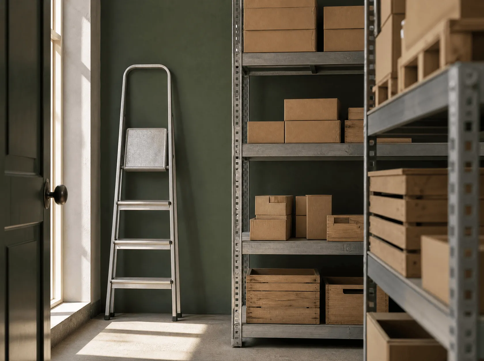 Metal shelving in a small shop back room, stock boxes and a step ladder