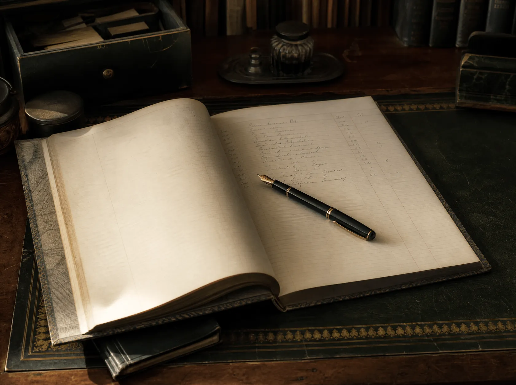 An open hardback ledger on a desk, an itemised list of equipment part-written, a pen resting across the page