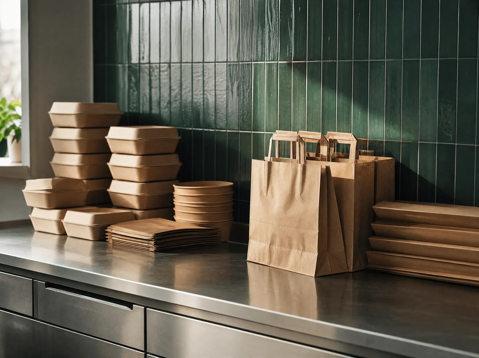 Stacked takeaway containers and paper carrier bags on a stainless steel counter