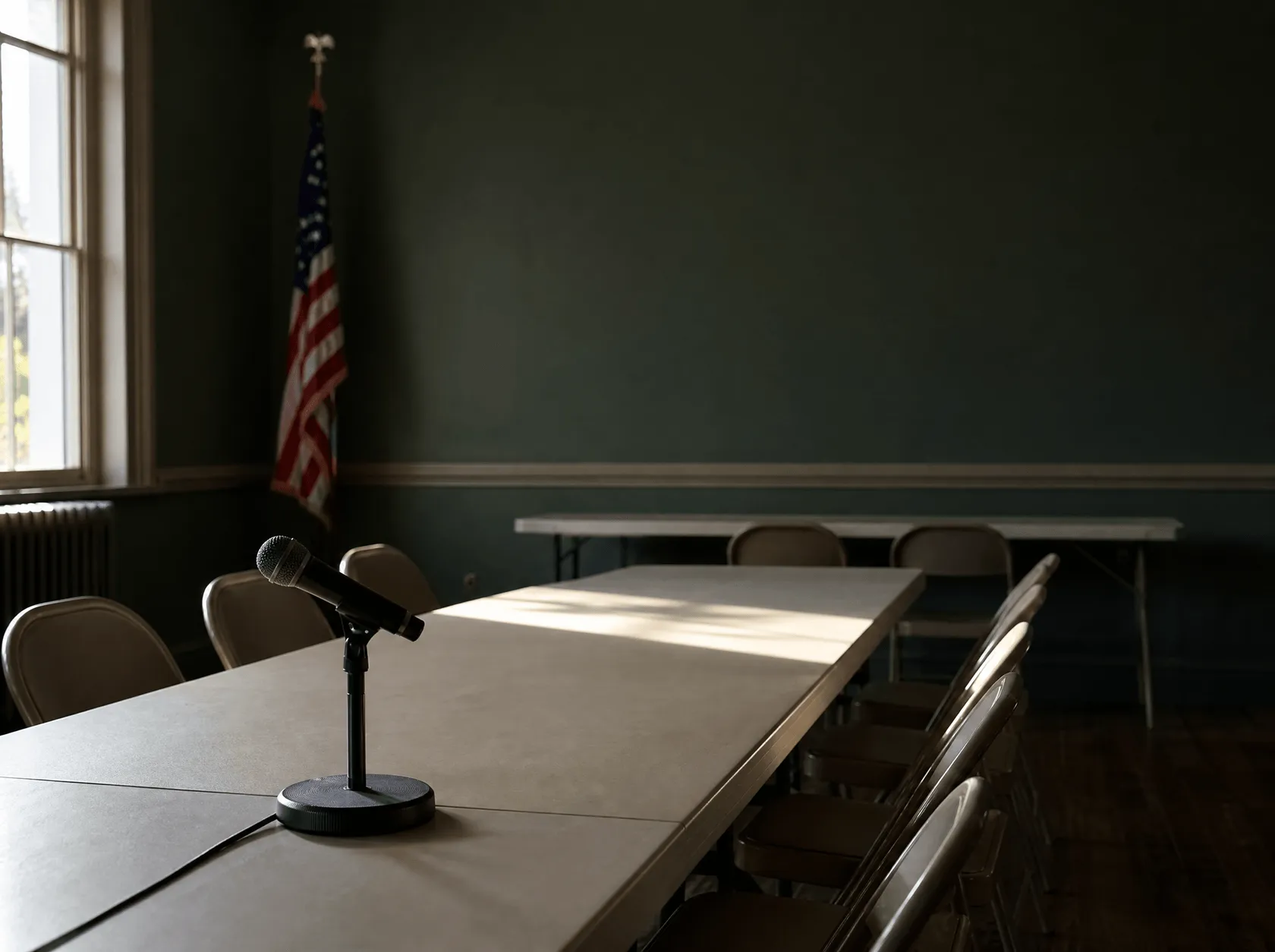 An empty municipal meeting room, long table, folding chairs and a single microphone
