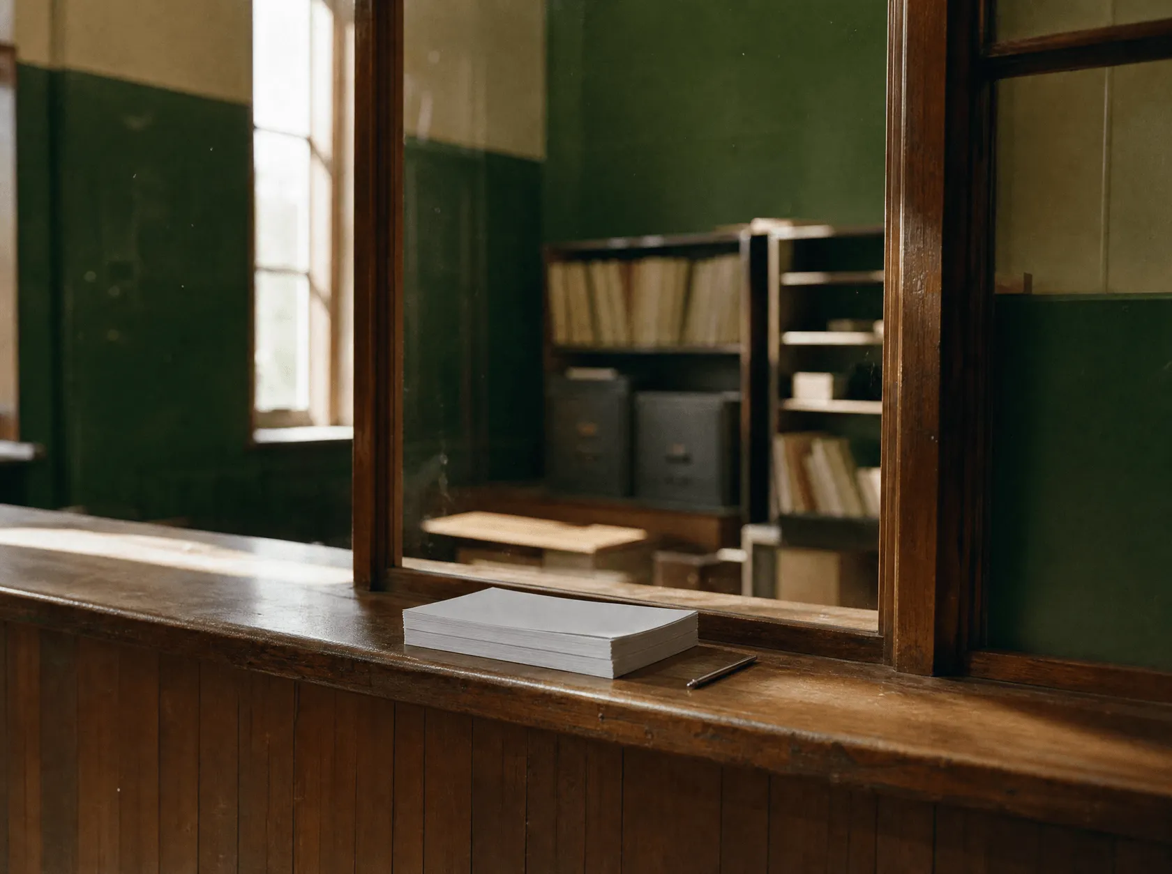 A municipal service counter with a stack of blank forms and a pen on the ledge