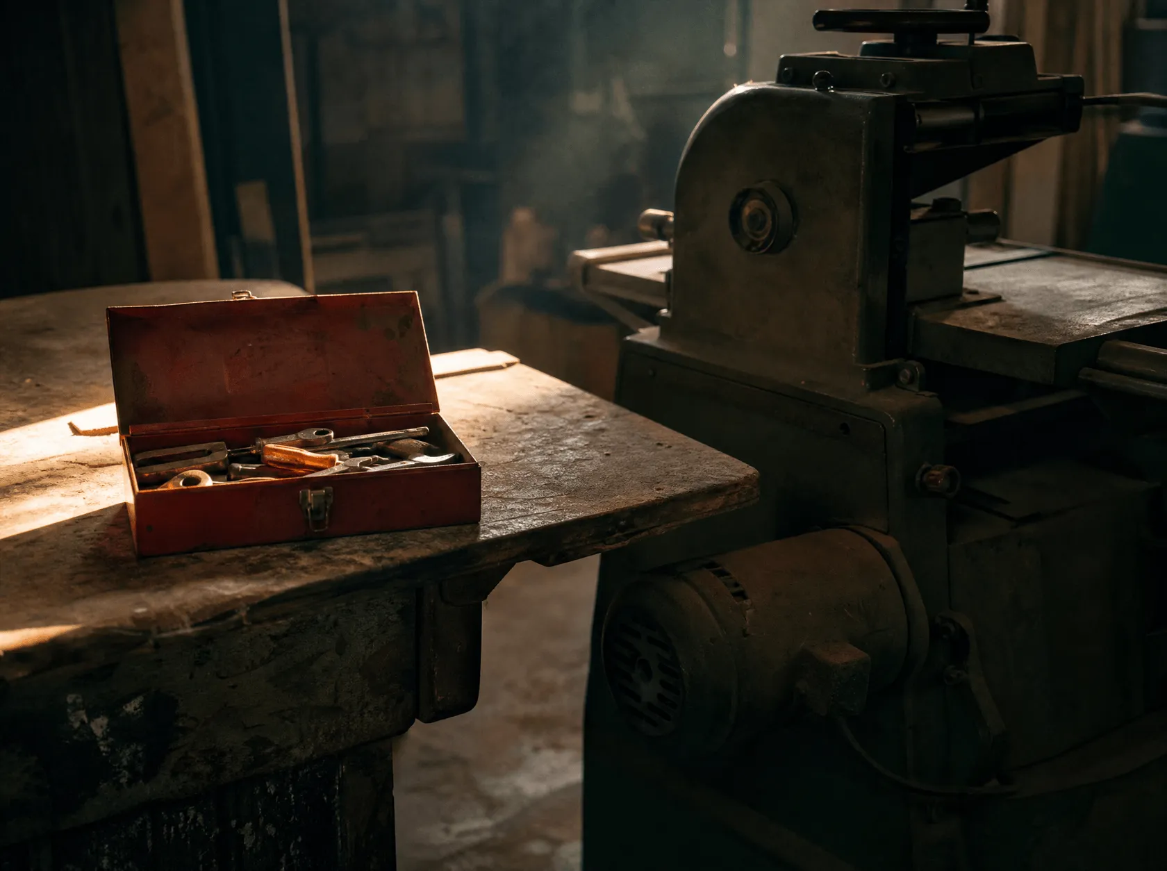 An open toolbox on a bench beside a larger piece of powered workshop equipment