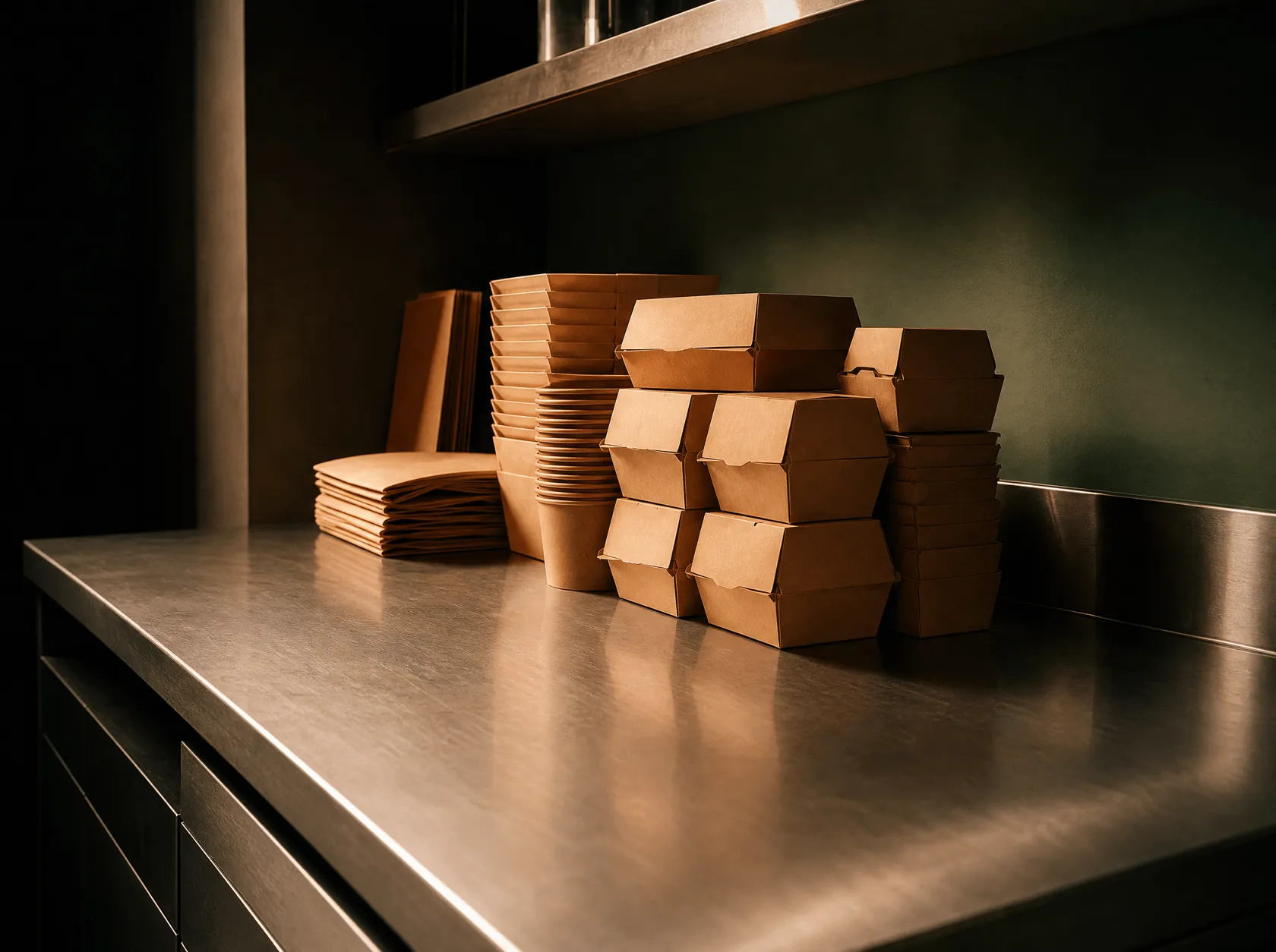Stacked takeaway containers and paper packaging on a stainless steel counter