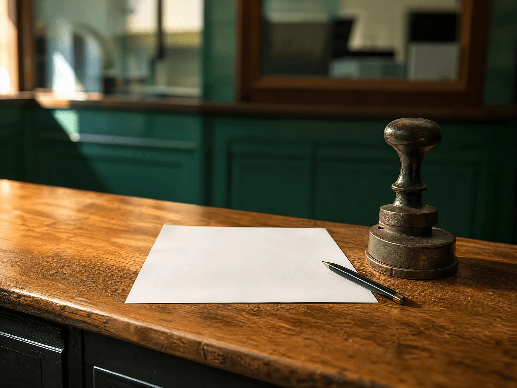 A worn municipal counter with one blank unsigned form, a pen and a metal embossing seal