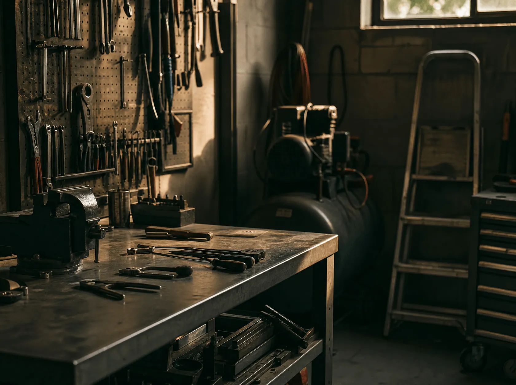 A small workshop bench with hand tools, a compressor and a rolling tool chest