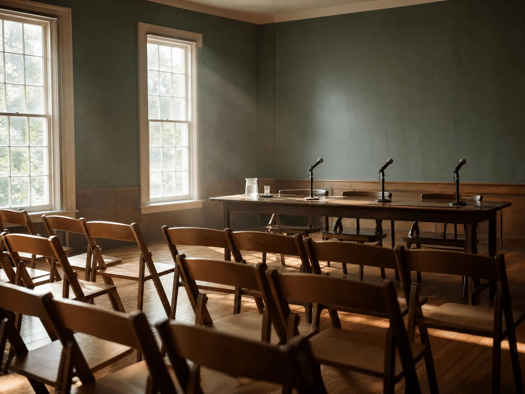 Rows of empty wooden chairs facing a long table with microphones in a municipal meeting room