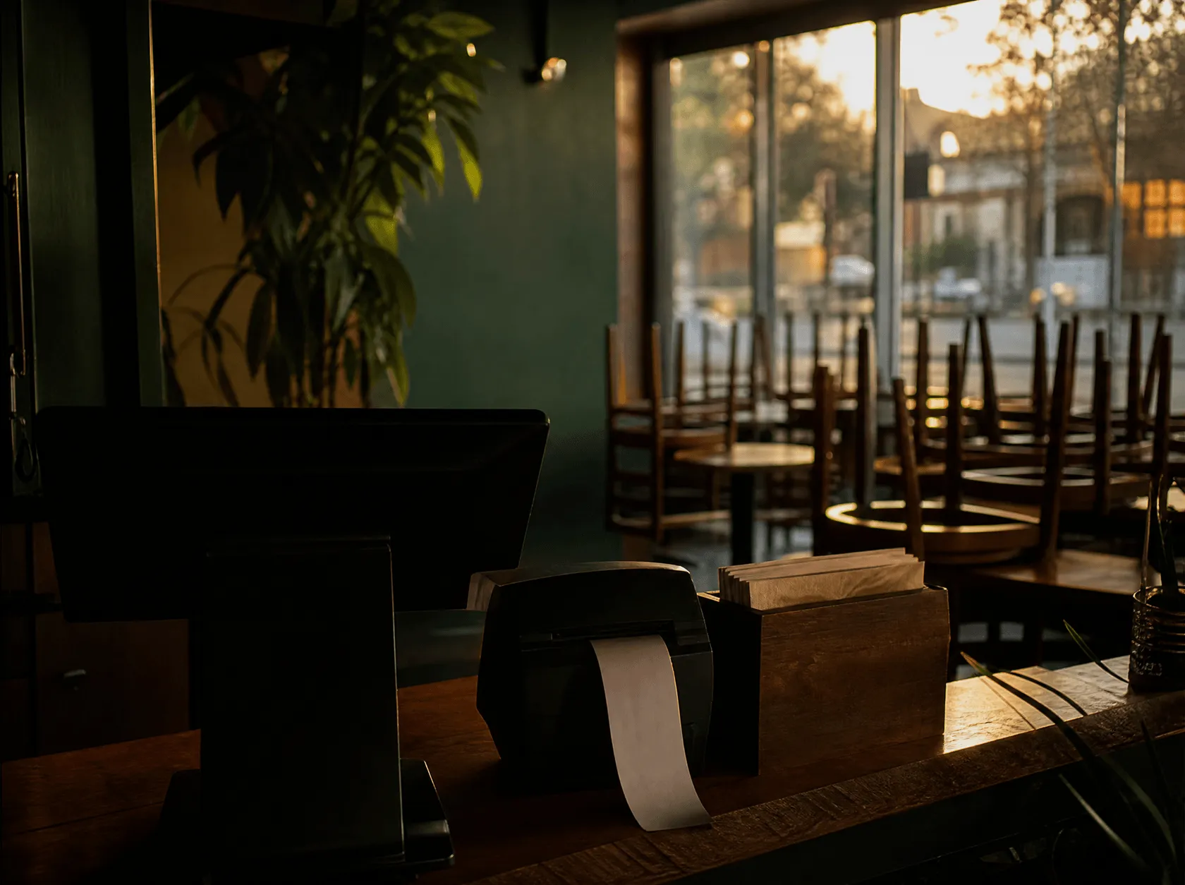 A small cafe counter after closing, a card terminal and receipt printer, chairs upturned behind