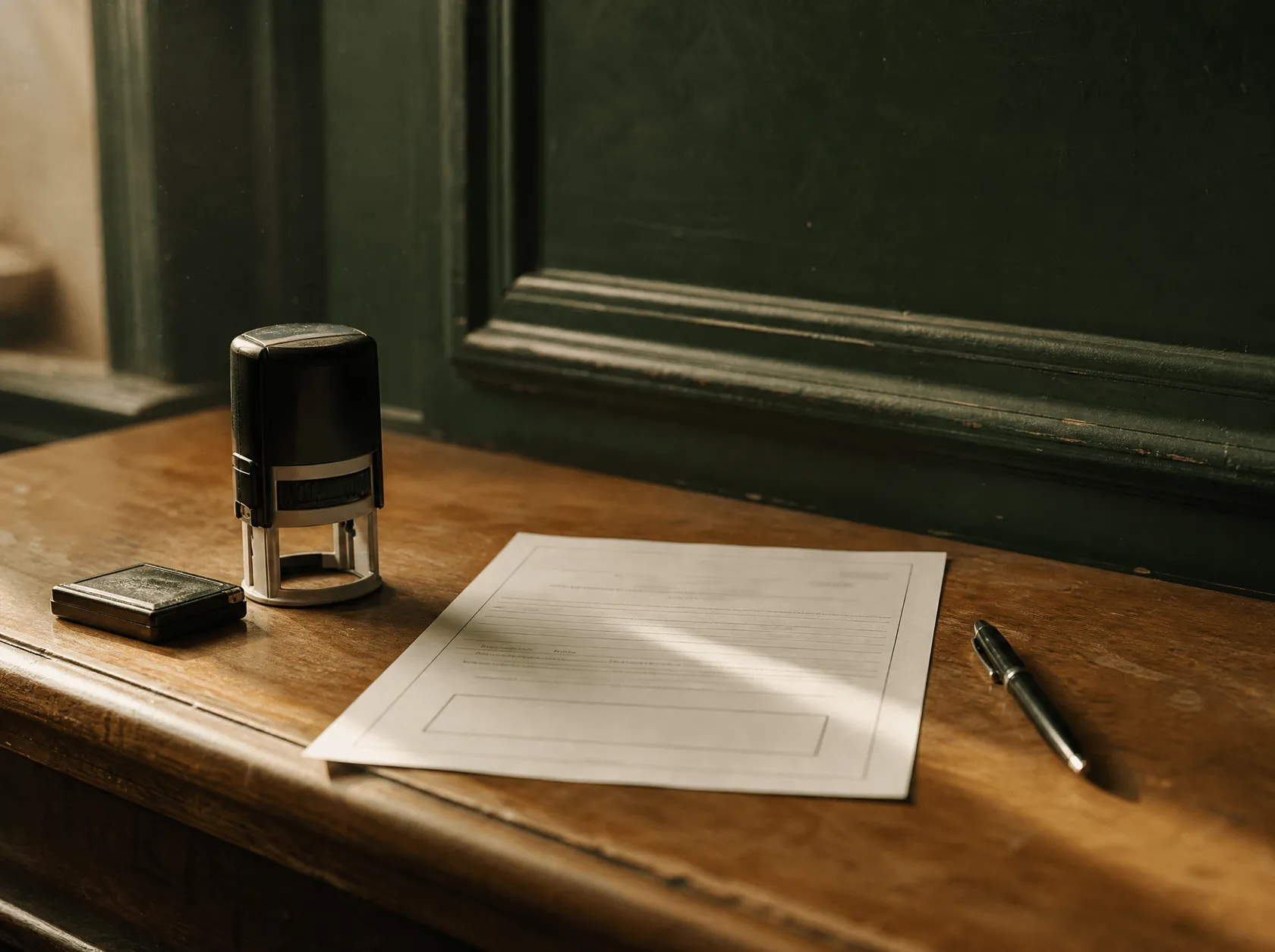 A notary stamp and an unsigned form on a wooden counter