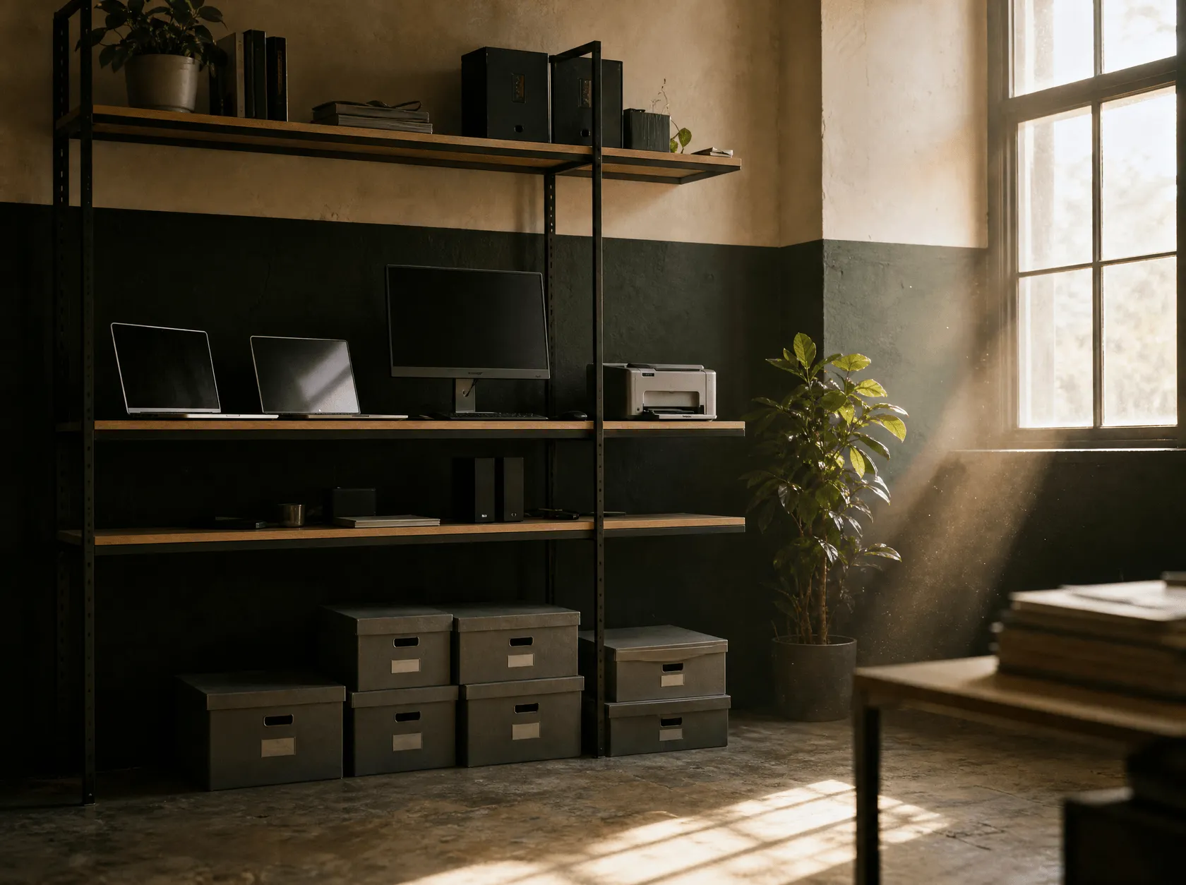 Two laptops, a monitor and a printer on open shelving, archive boxes stacked below