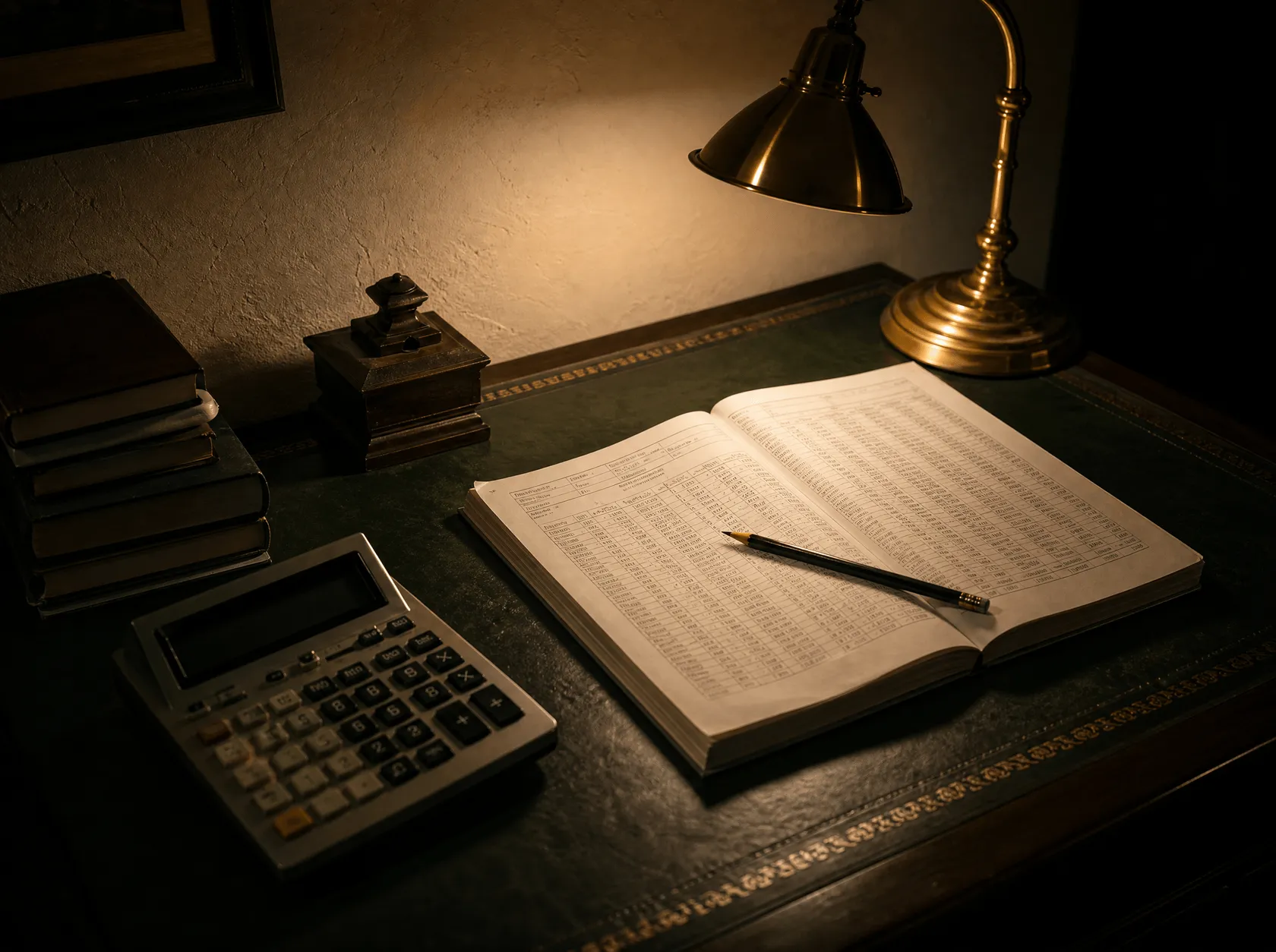 A calculator beside an open ledger of ruled columns under a brass desk lamp