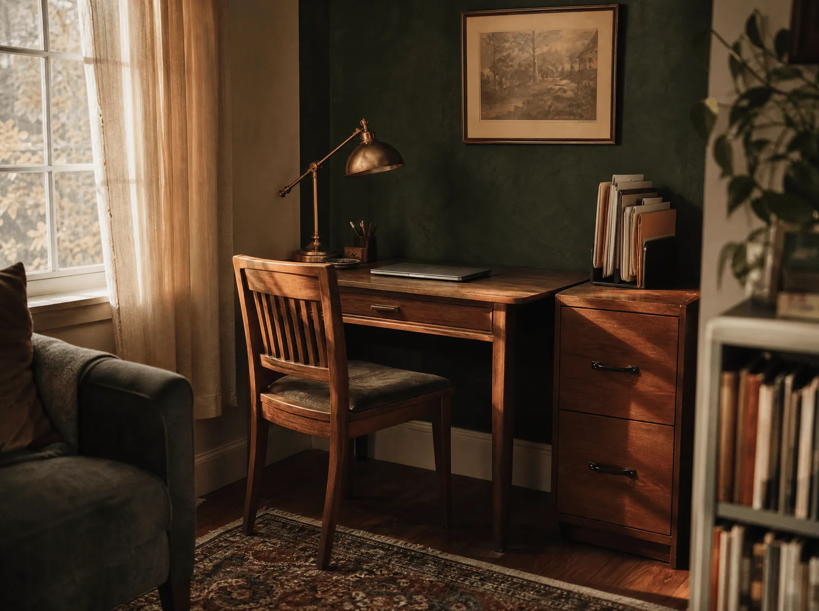 A desk and filing drawers set up for work in the corner of a residential room