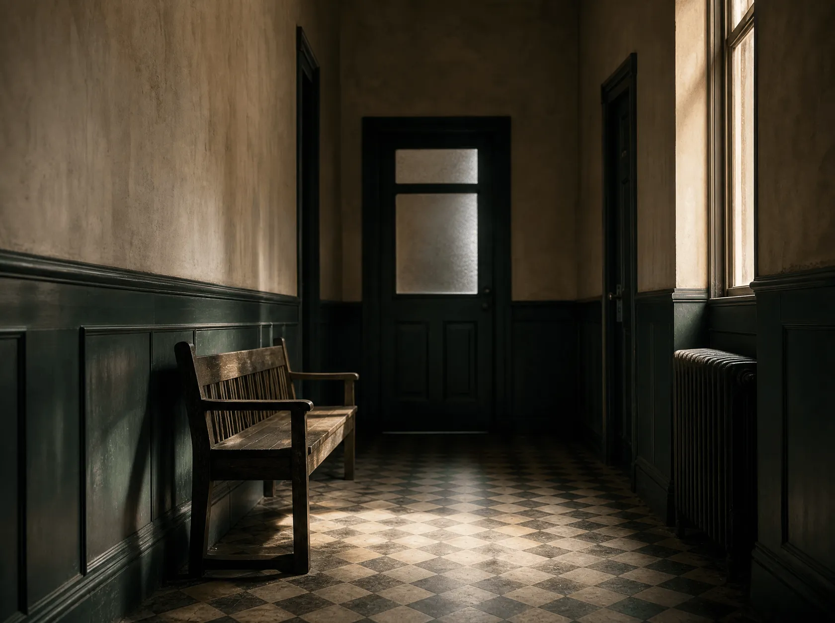 An empty corridor in an old civic building, two closed doors along it