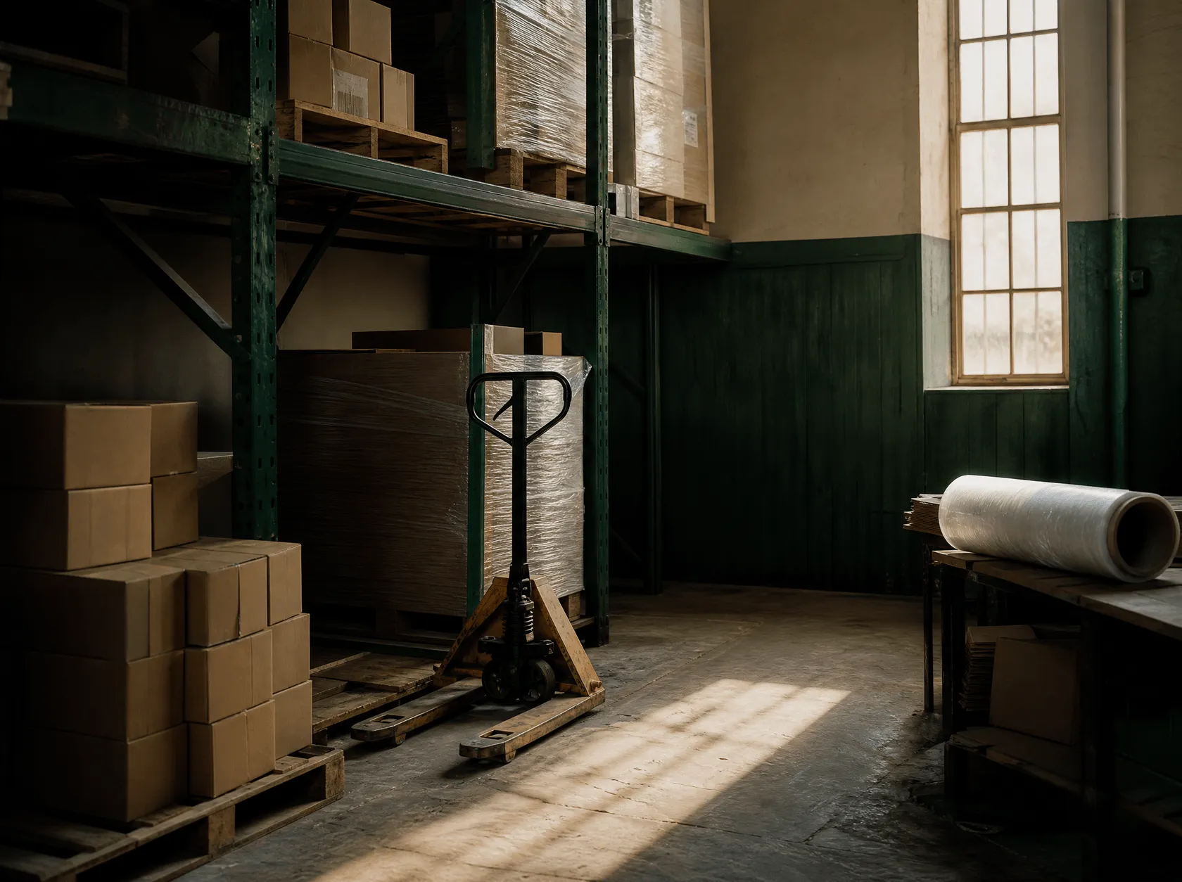Pallet racking and stacked cartons in a small business stockroom