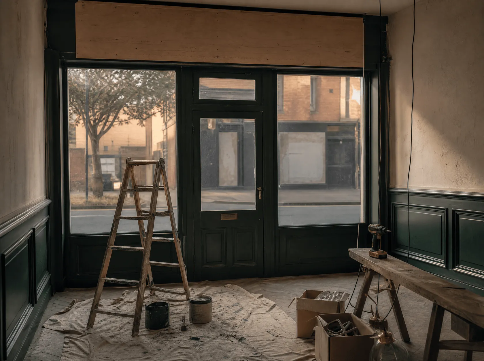 A small shopfront mid-refit, ladder and paint tins under a bare fascia board